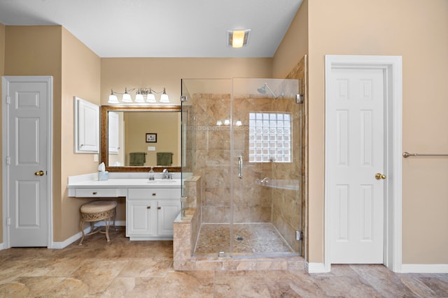 20306 Silverwood Trl, Cypress, TX 77433 - bathroom featuring a shower stall, baseboards, and vanity