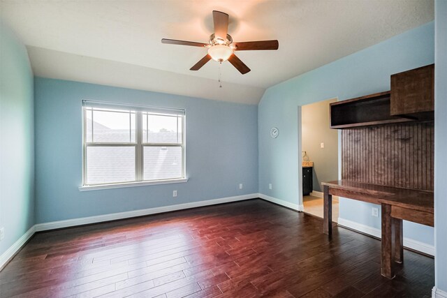 13918 Twisting Ivy Ln, Cypress, TX 77429 - unfurnished living room with wood finished floors, ceiling fan, lofted ceiling, and baseboards