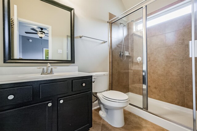 13918 Twisting Ivy Ln, Cypress, TX 77429 - bathroom featuring a shower stall, vanity, a ceiling fan, toilet, and tile patterned floors