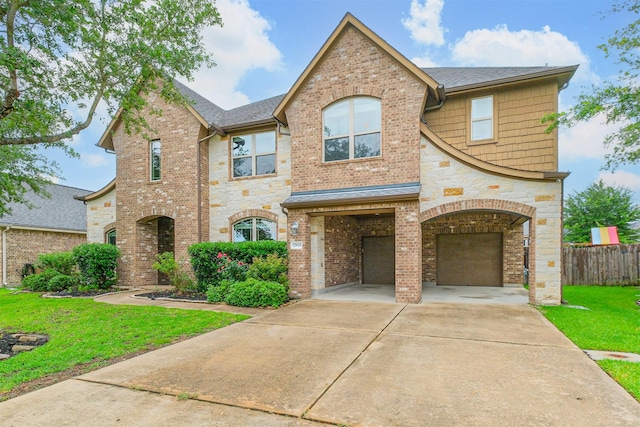 13918 Twisting Ivy Ln, Cypress, TX 77429 - view of front of home featuring an attached garage, driveway, stone siding, brick siding, and a shingled roof