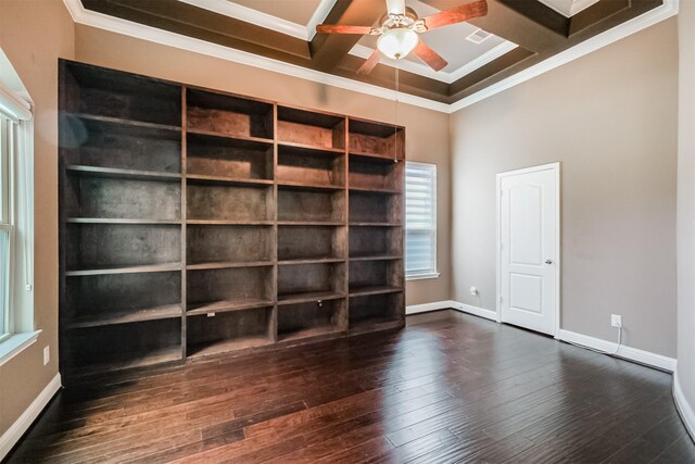 13918 Twisting Ivy Ln, Cypress, TX 77429 - unfurnished room with crown molding, coffered ceiling, a ceiling fan, dark wood-style floors, and beamed ceiling