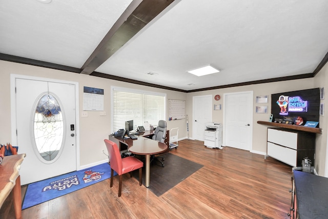 25203 Lakeview Rd, Katy, TX 77494 - dining space with wood finished floors, a desk, baseboards, beamed ceiling, and crown molding