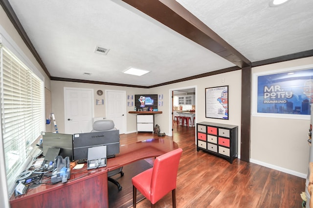 25203 Lakeview Rd, Katy, TX 77494 - office area with baseboards, wood finished floors, and crown molding