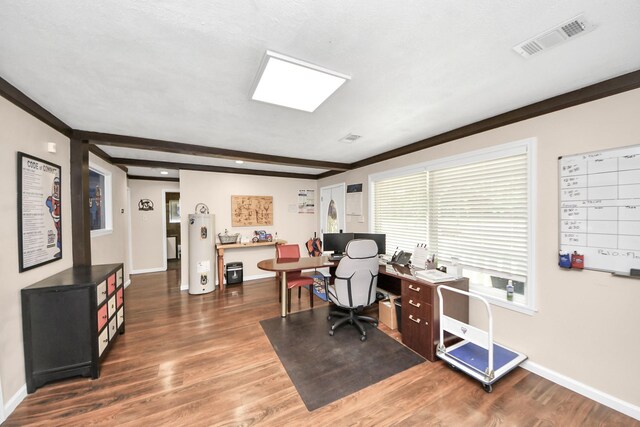25203 Lakeview Rd, Katy, TX 77494 - home office featuring baseboards, wood finished floors, water heater, and ornamental molding