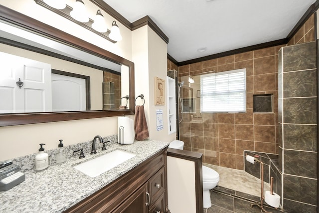 25203 Lakeview Rd, Katy, TX 77494 - full bathroom featuring vanity, toilet, walk in shower, and crown molding