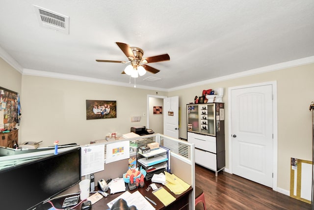 25203 Lakeview Rd, Katy, TX 77494 - office featuring ceiling fan, dark wood finished floors, crown molding, and baseboards