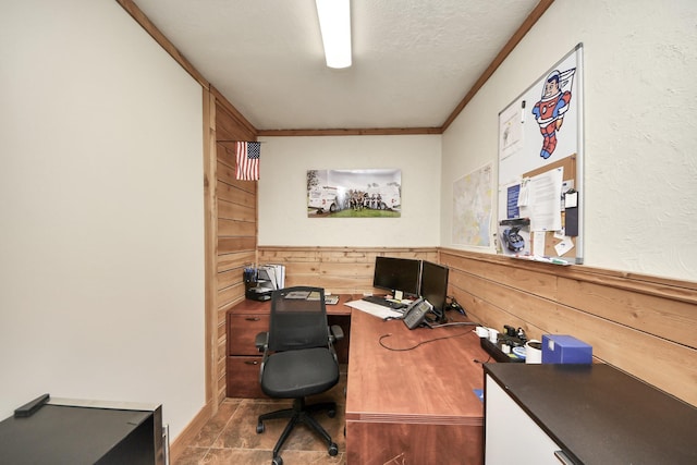 25203 Lakeview Rd, Katy, TX 77494 - office space with wood walls, wainscoting, a textured ceiling, and ornamental molding