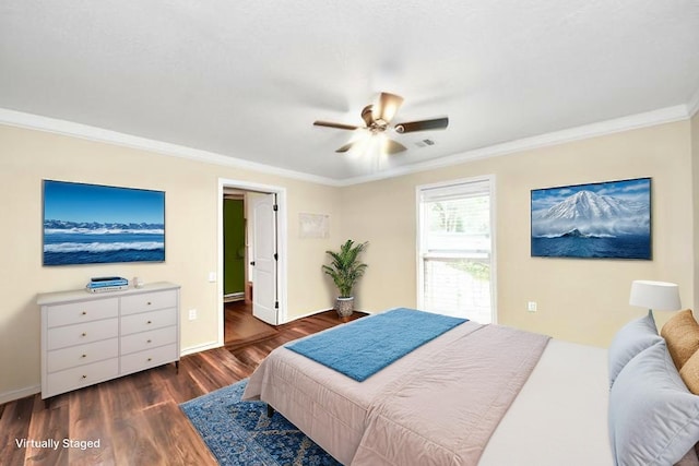 25203 Lakeview Rd, Katy, TX 77494 - bedroom with ornamental molding, wood finished floors, baseboards, and a ceiling fan