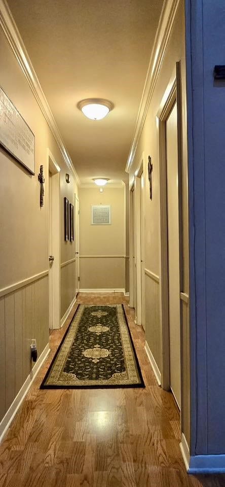 1 Lazy Ln, Bay City, TX 77414 - hall featuring crown molding, wood finished floors, and a wainscoted wall