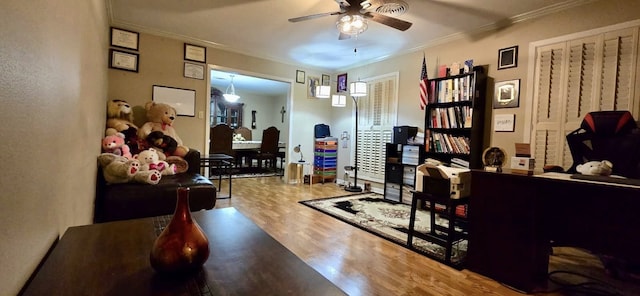 1 Lazy Ln, Bay City, TX 77414 - office area with ceiling fan, wood finished floors, and ornamental molding