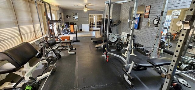 1 Lazy Ln, Bay City, TX 77414 - gym featuring brick wall and a ceiling fan