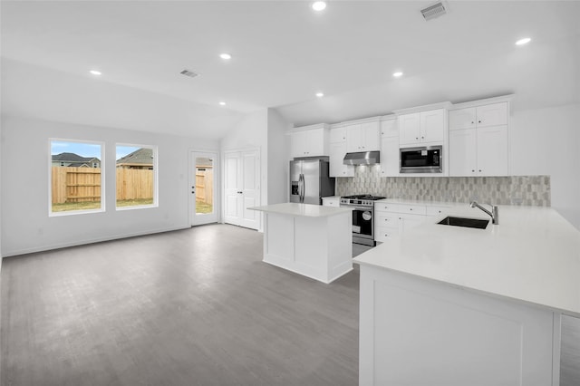 5210 Lake Trout Ln, Baytown, TX 77521 - kitchen with appliances with stainless steel finishes, a sink, under cabinet range hood, vaulted ceiling, and light countertops