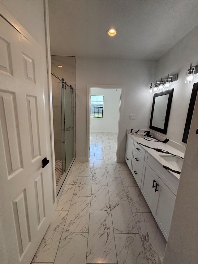 6197 Rd 5503, Cleveland, TX 77327 - bathroom with a shower stall, double vanity, recessed lighting, marble finish floors, and baseboards