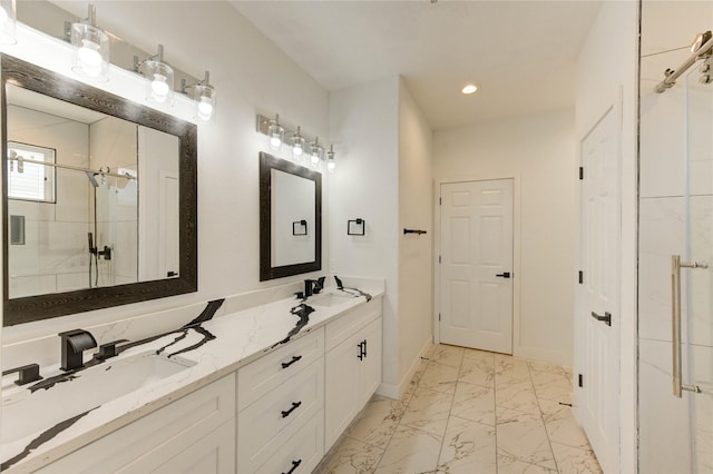 6197 Rd 5503, Cleveland, TX 77327 - full bath featuring marble finish flooring, double vanity, recessed lighting, a stall shower, and baseboards