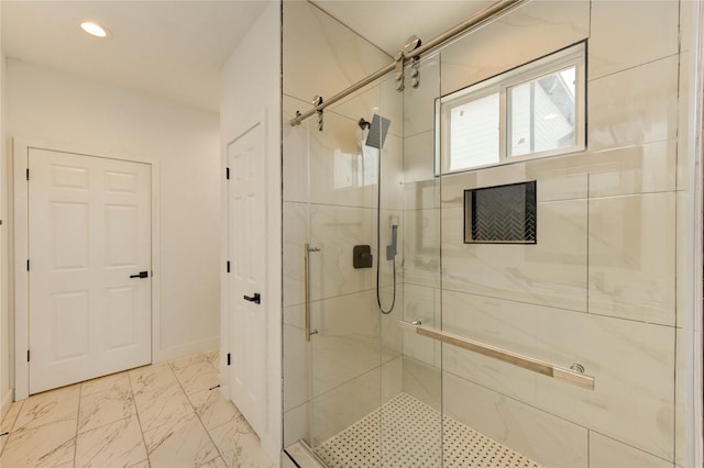 6197 Rd 5503, Cleveland, TX 77327 - bathroom with a stall shower, marble look tile flooring, and recessed lighting
