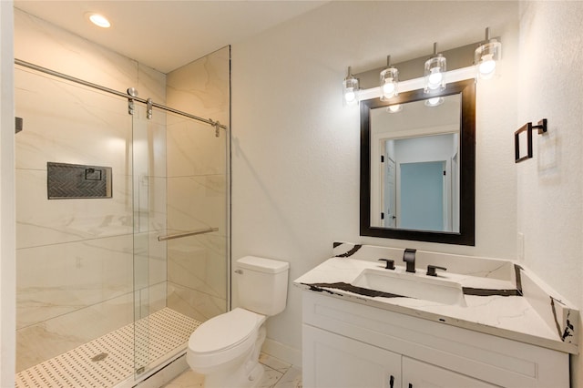 6197 Rd 5503, Cleveland, TX 77327 - bathroom featuring toilet, marble finish flooring, a stall shower, vanity, and baseboards