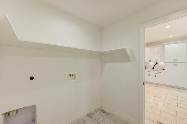 6197 Rd 5503, Cleveland, TX 77327 - laundry area featuring light marble finish flooring, washer hookup, baseboards, hookup for an electric dryer, and recessed lighting