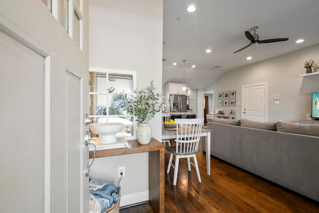 2107 Hewitt Dr, Houston, TX 77018 - dining space with dark wood finished floors, recessed lighting, ceiling fan, and lofted ceiling