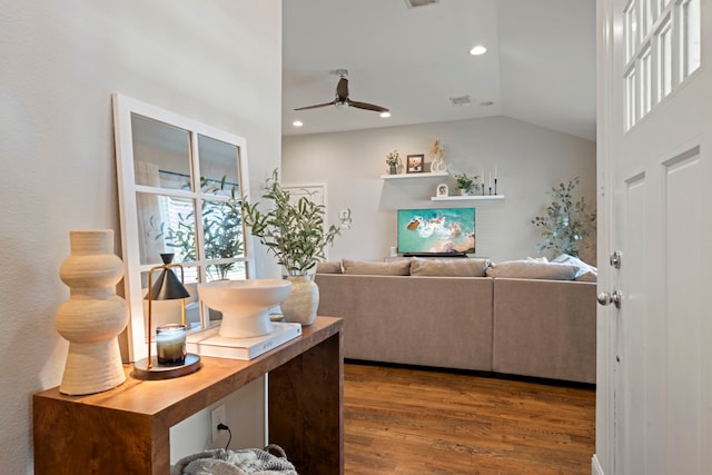 2107 Hewitt Dr, Houston, TX 77018 - living room with dark wood-type flooring, vaulted ceiling, a ceiling fan, and recessed lighting