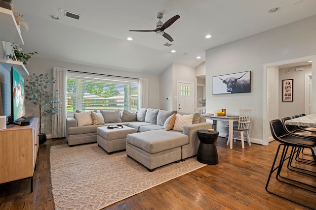 2107 Hewitt Dr, Houston, TX 77018 - living room featuring lofted ceiling, ceiling fan, wood finished floors, baseboards, and recessed lighting