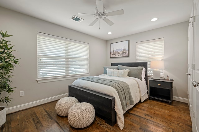 2107 Hewitt Dr, Houston, TX 77018 - bedroom with baseboards, dark wood-type flooring, recessed lighting, and a ceiling fan