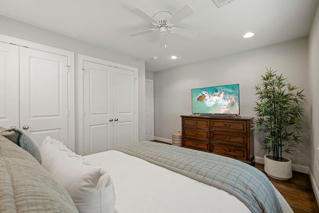 2107 Hewitt Dr, Houston, TX 77018 - bedroom featuring baseboards, wood finished floors, multiple closets, recessed lighting, and a ceiling fan