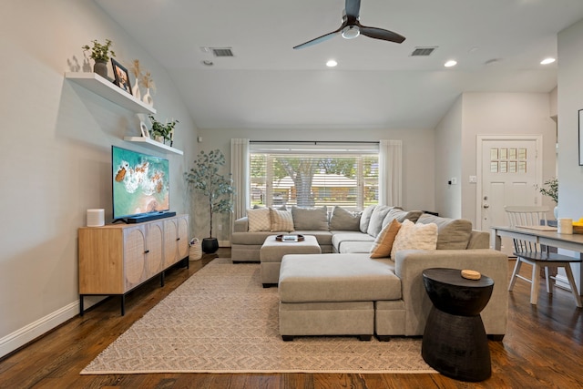 2107 Hewitt Dr, Houston, TX 77018 - living room featuring lofted ceiling, wood finished floors, a ceiling fan, baseboards, and recessed lighting