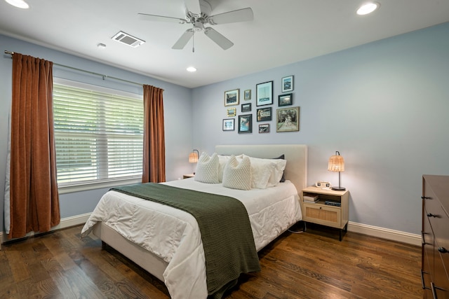 2107 Hewitt Dr, Houston, TX 77018 - bedroom featuring baseboards, dark wood-type flooring, recessed lighting, and a ceiling fan