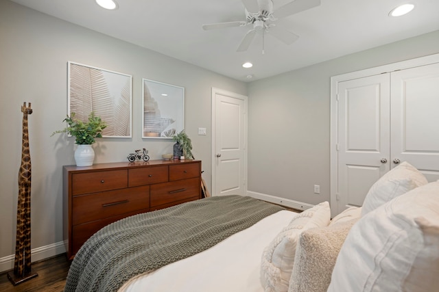 2107 Hewitt Dr, Houston, TX 77018 - bedroom with baseboards, dark wood-style floors, recessed lighting, a closet, and ceiling fan