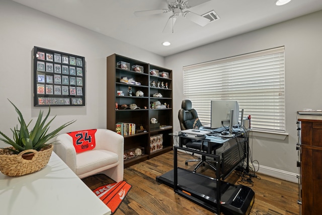 2107 Hewitt Dr, Houston, TX 77018 - home office with a ceiling fan, wood finished floors, recessed lighting, and baseboards