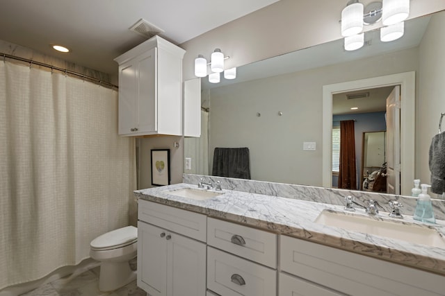 2107 Hewitt Dr, Houston, TX 77018 - full bath featuring double vanity, toilet, a shower with shower curtain, marble finish floors, and recessed lighting