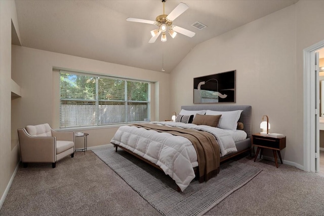 30 Teak Mill Pl, The Woodlands, TX 77382 - bedroom with baseboards, carpet flooring, lofted ceiling, and ceiling fan