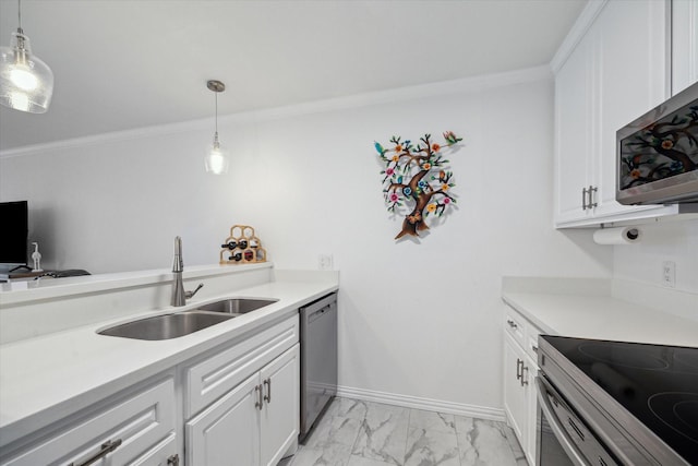 12500 Melville Dr Unit 114B, Montgomery, TX 77356 - kitchen with a sink, appliances with stainless steel finishes, light countertops, white cabinetry, and light marble finish floors