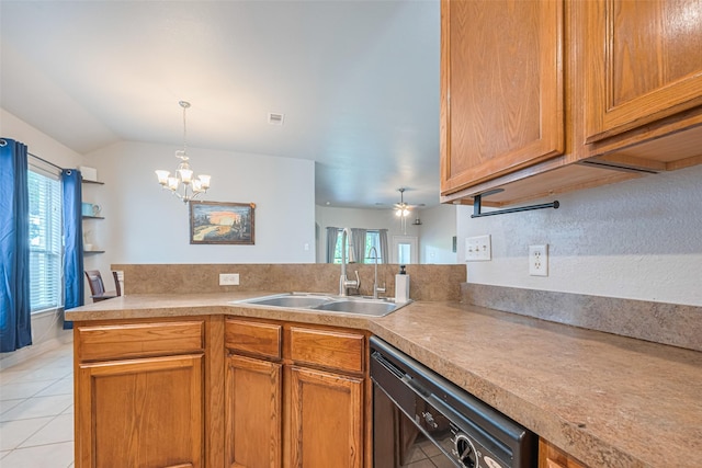 723 Hinsdale, Magnolia, TX 77354 - kitchen with black dishwasher, a sink, a chandelier, light tile patterned floors, and hanging light fixtures