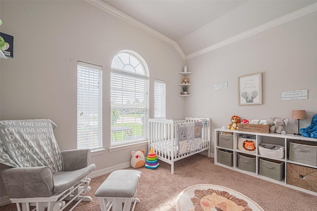 723 Hinsdale, Magnolia, TX 77354 - carpeted bedroom featuring a nursery area, lofted ceiling, multiple windows, crown molding, and baseboards