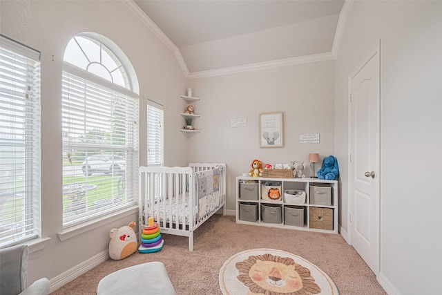723 Hinsdale, Magnolia, TX 77354 - carpeted bedroom featuring a nursery area, vaulted ceiling, multiple windows, ornamental molding, and baseboards