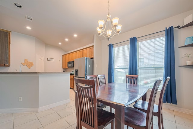 723 Hinsdale, Magnolia, TX 77354 - dining room featuring light tile patterned floors, a chandelier, baseboards, vaulted ceiling, and recessed lighting