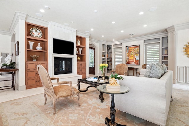 3019 Sunset Blvd, Houston, TX 77005 - living room featuring crown molding, recessed lighting, built in features, arched walkways, and light tile patterned floors