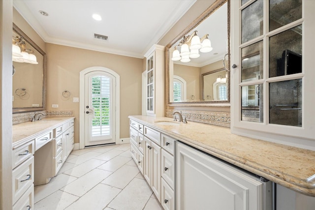 3019 Sunset Blvd, Houston, TX 77005 - full bath with ornamental molding, vanity, tile patterned flooring, backsplash, and baseboards
