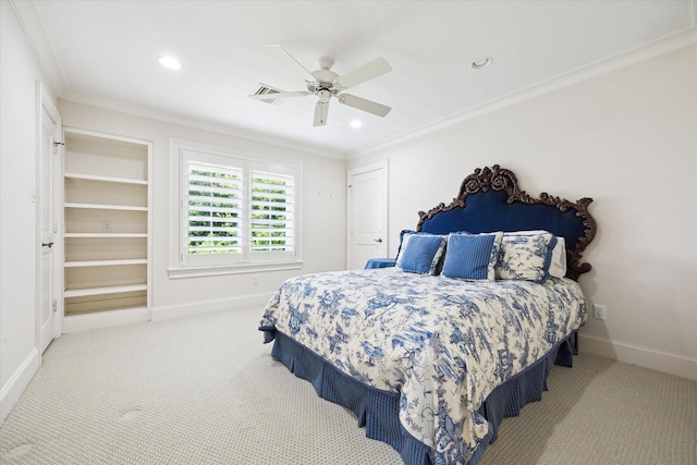 3019 Sunset Blvd, Houston, TX 77005 - carpeted bedroom with crown molding, baseboards, recessed lighting, and a ceiling fan