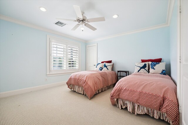 3019 Sunset Blvd, Houston, TX 77005 - bedroom with light carpet, crown molding, a closet, baseboards, and recessed lighting
