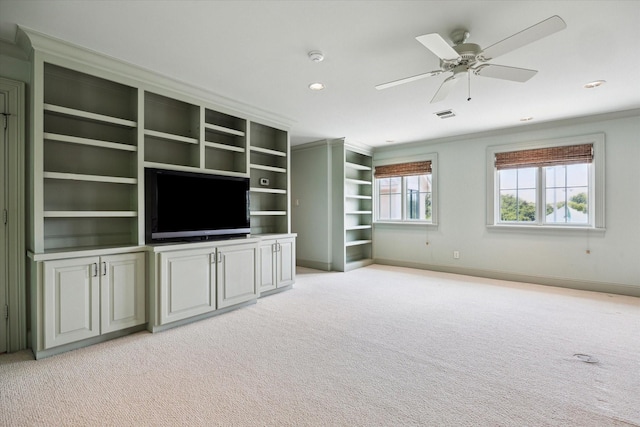 3019 Sunset Blvd, Houston, TX 77005 - unfurnished living room with light carpet, baseboards, ceiling fan, recessed lighting, and crown molding
