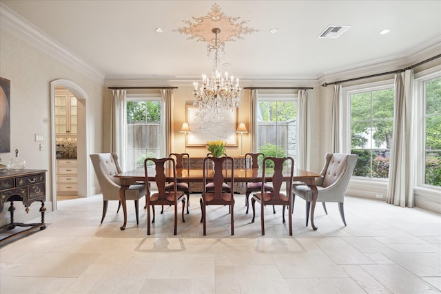 3019 Sunset Blvd, Houston, TX 77005 - dining area featuring crown molding, healthy amount of natural light, a chandelier, and recessed lighting