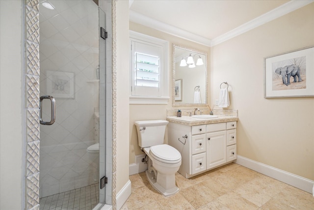3019 Sunset Blvd, Houston, TX 77005 - bathroom with toilet, vanity, baseboards, ornamental molding, and a stall shower
