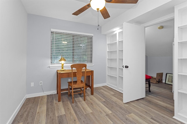 4220 Kenbrook Dr, Nacogdoches, TX 75965 - office area featuring light wood finished floors, a ceiling fan, and baseboards