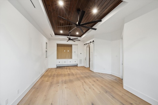 721 Harborside Way, League City, TX 77565 - unfurnished living room featuring wooden ceiling, a barn door, recessed lighting, baseboards, and ceiling fan