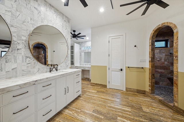 721 Harborside Way, League City, TX 77565 - full bathroom with ceiling fan, vanity, a walk in shower, wood finished floors, and recessed lighting