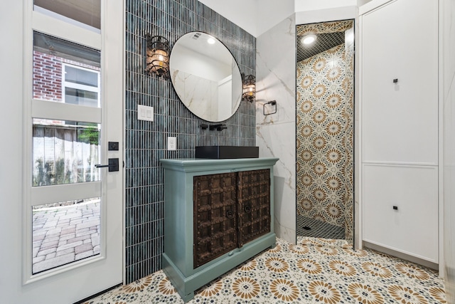 721 Harborside Way, League City, TX 77565 - full bathroom with tile walls, a walk in shower, and tile patterned floors