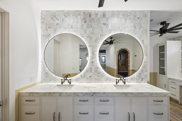 721 Harborside Way, League City, TX 77565 - full bathroom with ceiling fan, double vanity, and wood finished floors