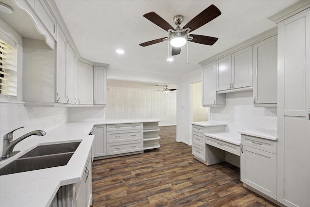 1309 Centennial Dr, Houston, TX 77055 - kitchen with a sink, a ceiling fan, backsplash, and recessed lighting